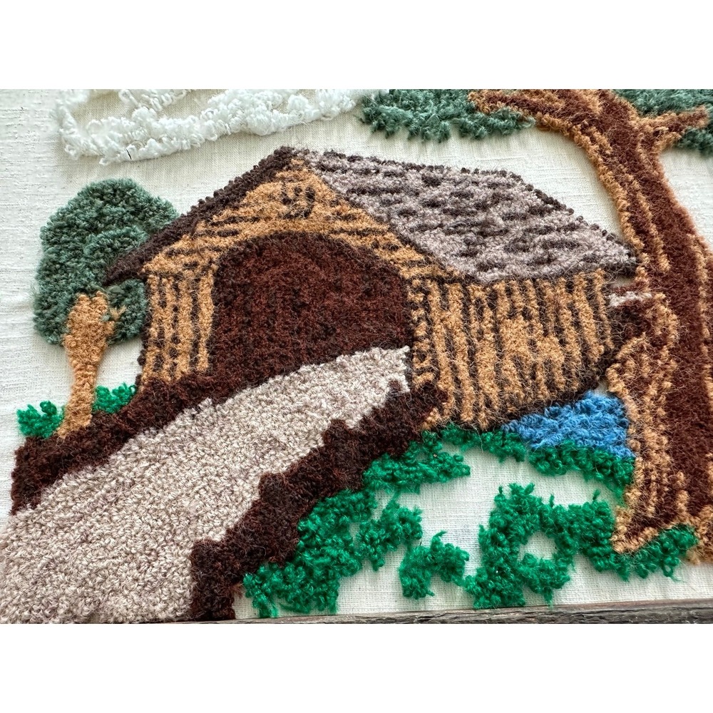 Vtg FRAMED  Needlepoint Crewel Covered Bridge  70s Old-Timey Large Stitch 15x18